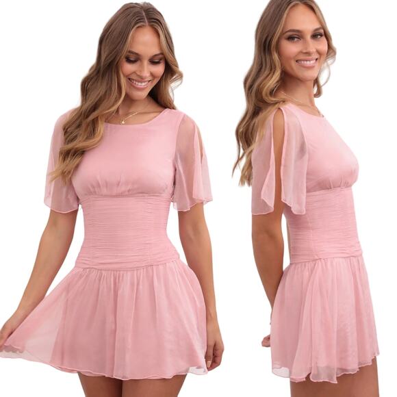Lucy in the Sky Shimmer Fit & Flare Mini Dress Flutter Sleeve Iridescent Pink L - Picture 1 of 10